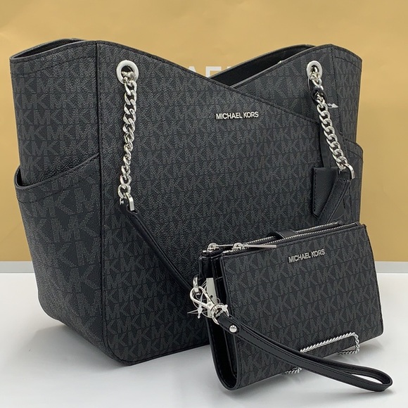 MICHAEL KORS LARGE X CHAIN SHOULDER TOTE & LARGE DOUBLE ZIP WALLET BLACK… - Picture 7 of 16